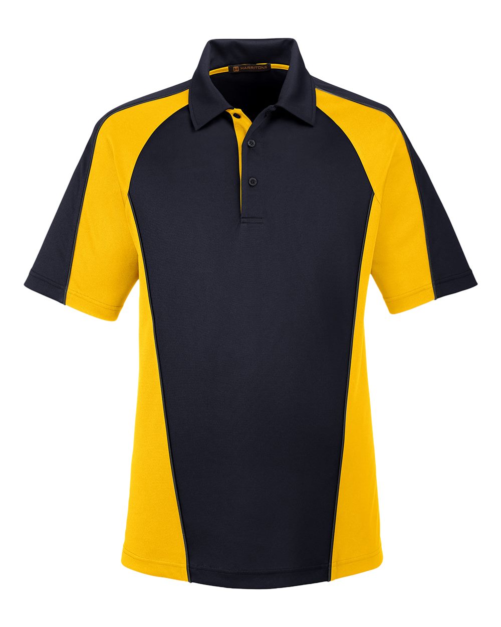 Harriton Men's Advantage Snag Protection Plus IL Colorblock Polo. M385 - Black/ Sunray Yellow/ Dark Charcoal