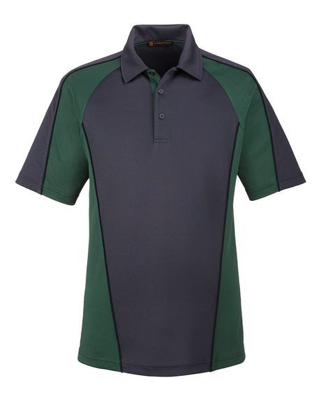 Harriton Men's Advantage Snag Protection Plus IL Colorblock Polo. M385 - Dark Charcoal/ Dark Green/ Black