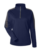 CORE365 Women's Market Snag Protect Mesh Colorblock Quarter-Zip Pullover. CE404W - Classic Navy Heather/ Carbon