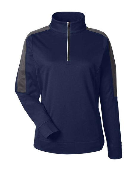 CORE365 Women's Market Snag Protect Mesh Colorblock Quarter-Zip Pullover. CE404W - Classic Navy Heather/ Carbon