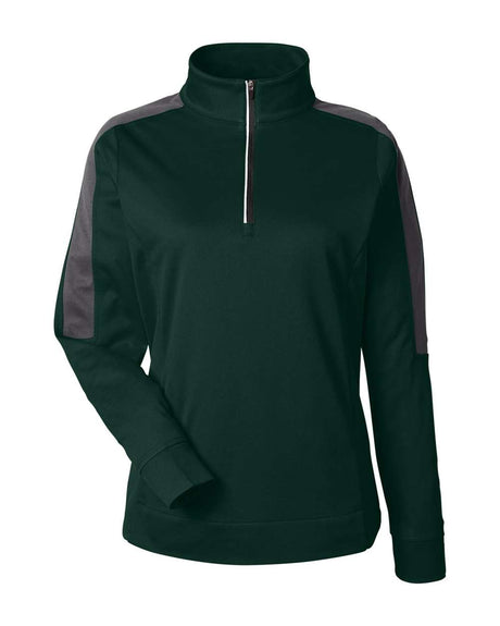 CORE365 Women's Market Snag Protect Mesh Colorblock Quarter-Zip Pullover. CE404W - Forest/ Carbon