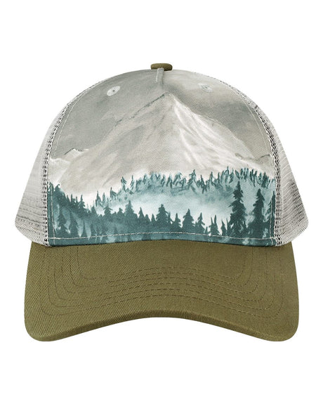 LOCALE Printed Five-Panel Trucker Cap. 5PTKR - Denali Olive Green/ Grey