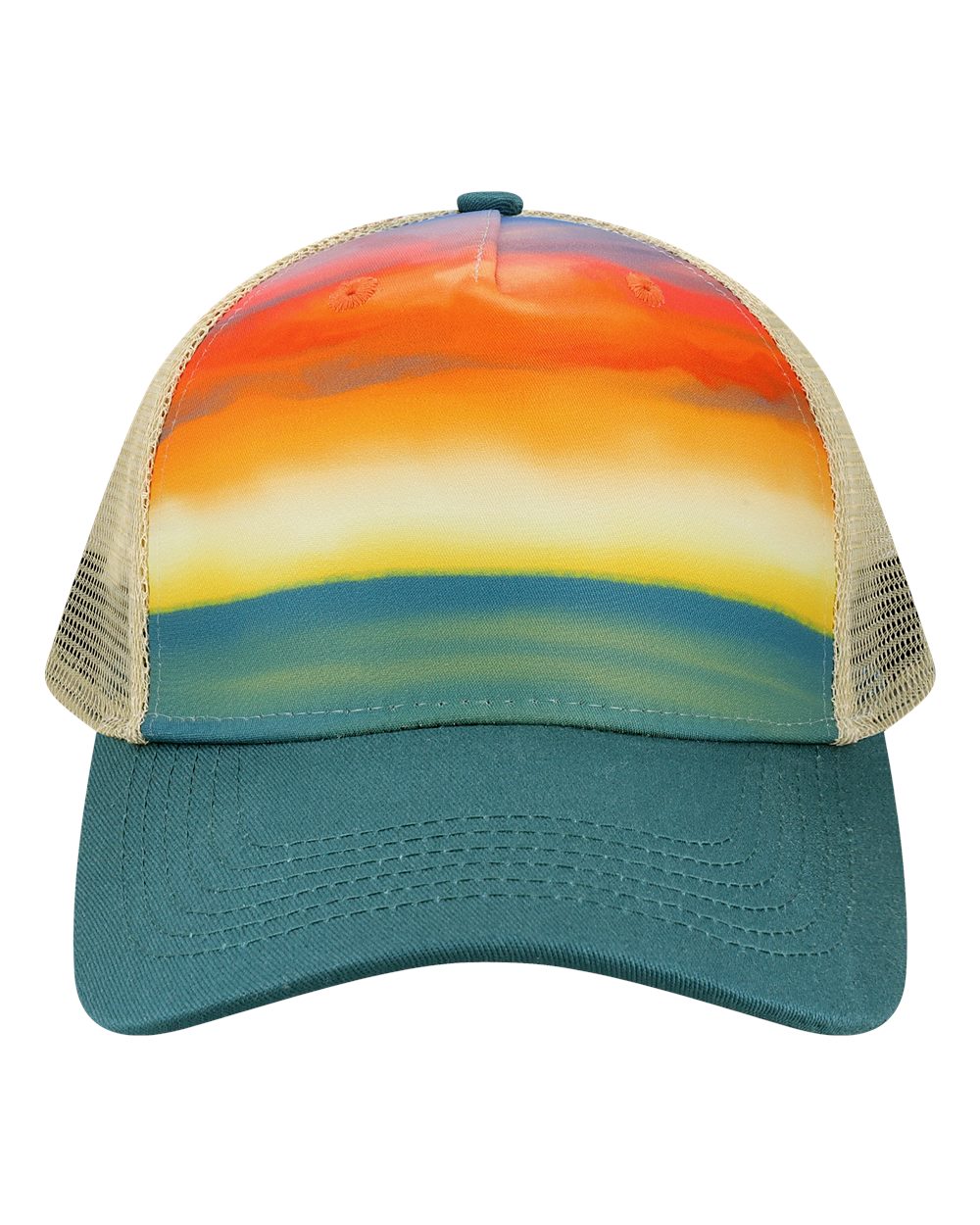 LOCALE Printed Five-Panel Trucker Cap. 5PTKR - Watercolor Sunset/ Teal