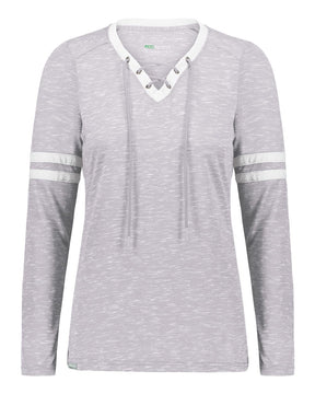Holloway Women's Eco Revive™ Monterey Long Sleeve V-Neck T-Shirt. 223246 - Athletic Heather/ White