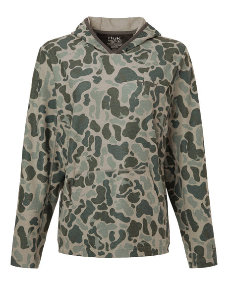 HUK Women's Coldfront+ KC Print Hooded Sweatshirt. H6130037 - Volcanic Ash