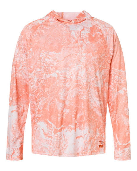 HUK Men's Pursuit Mossy Oak Printed Hooded Long Sleeve T-Shirt. H12L0047 - Coral Reef