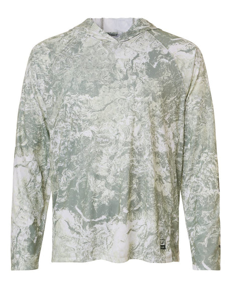 HUK Men's Pursuit Mossy Oak Printed Hooded Long Sleeve T-Shirt. H12L0047 - Seagrass