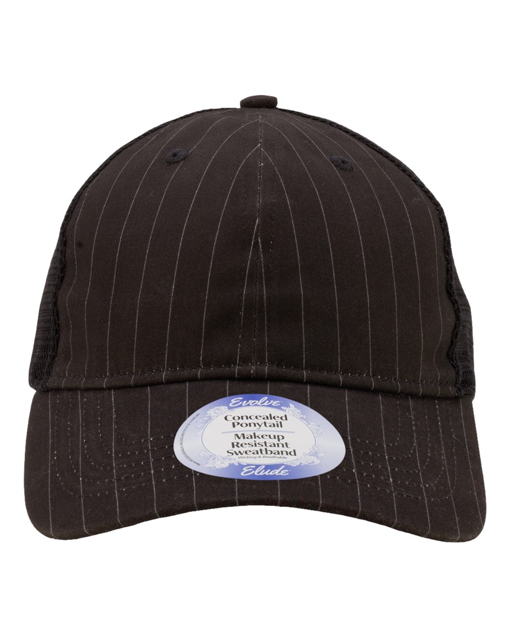 Infinity Her Women's Peached Twill Mesh Back Cap. ANNIE - Black Pinstripe/ Black