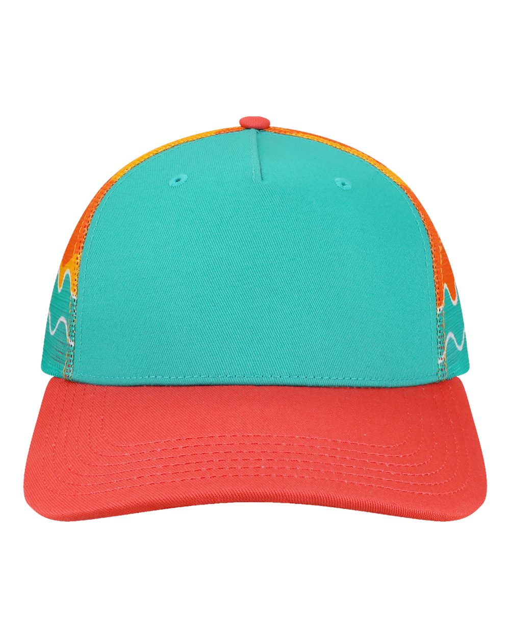 LOCALE Plain Front Five-Panel Trucker Cap. 5PTKRS - Aqua/ Wavy Sunset/ Coral