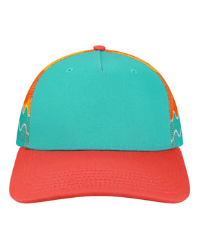 LOCALE Plain Front Five-Panel Trucker Cap. 5PTKRS - Aqua/ Wavy Sunset/ Coral