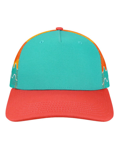 LOCALE Plain Front Five-Panel Trucker Cap. 5PTKRS - Aqua/ Wavy Sunset/ Coral