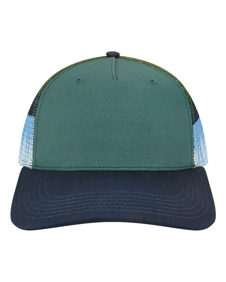 LOCALE Plain Front Five-Panel Trucker Cap. 5PTKRS - Deep Teal/ Lake Moonrise/ Navy
