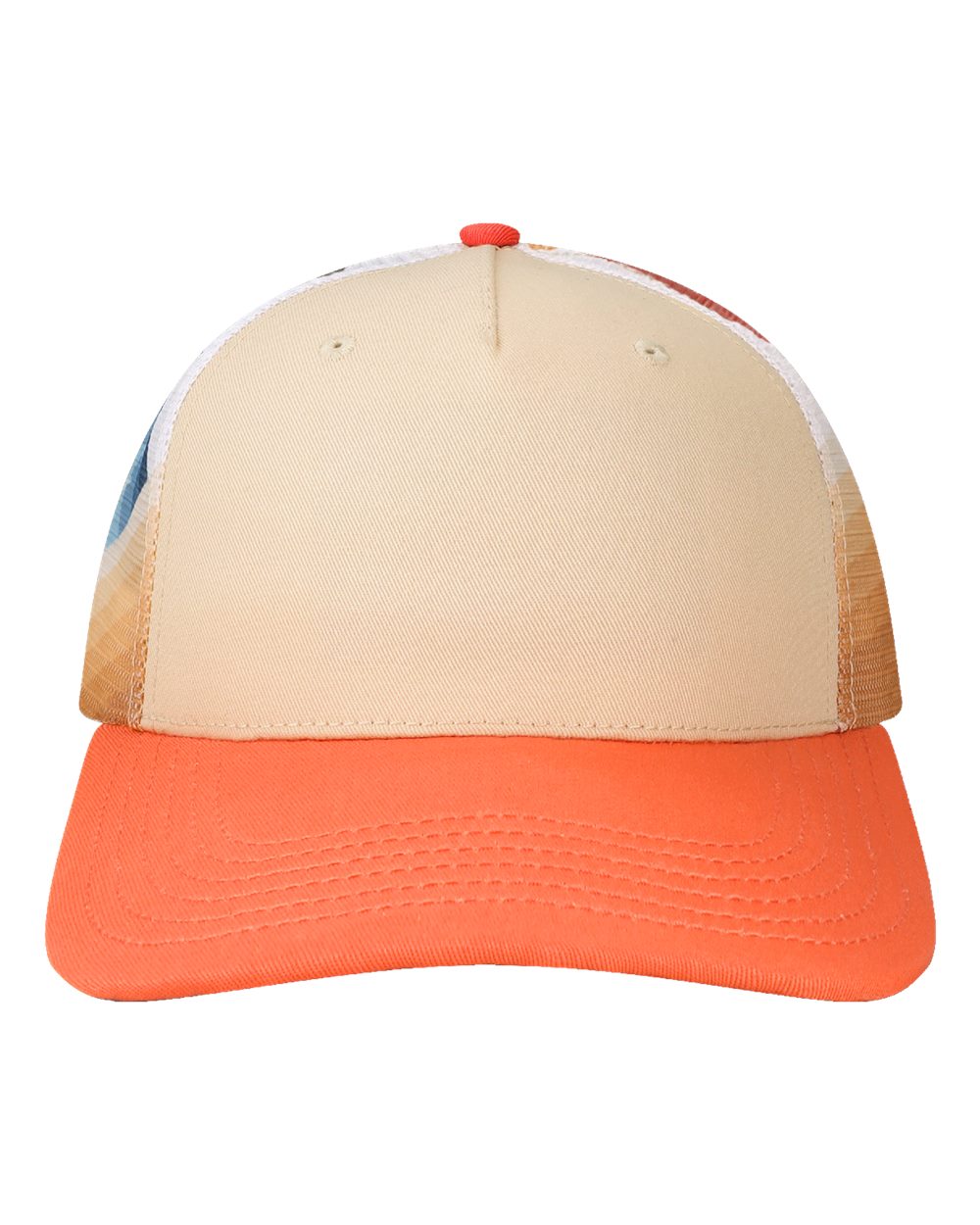 LOCALE Plain Front Five-Panel Trucker Cap. 5PTKRS - Natural/ Coral Coast/ Coral