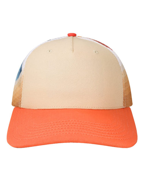 LOCALE Plain Front Five-Panel Trucker Cap. 5PTKRS - Natural/ Coral Coast/ Coral