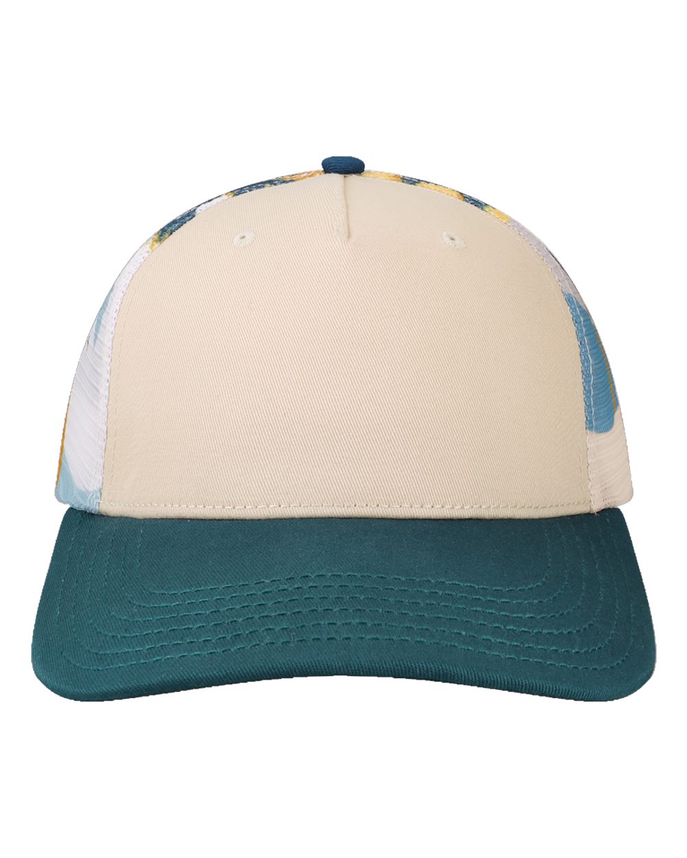 LOCALE Plain Front Five-Panel Trucker Cap. 5PTKRS - Natural/ Sunburst Waves/ Deep Blue