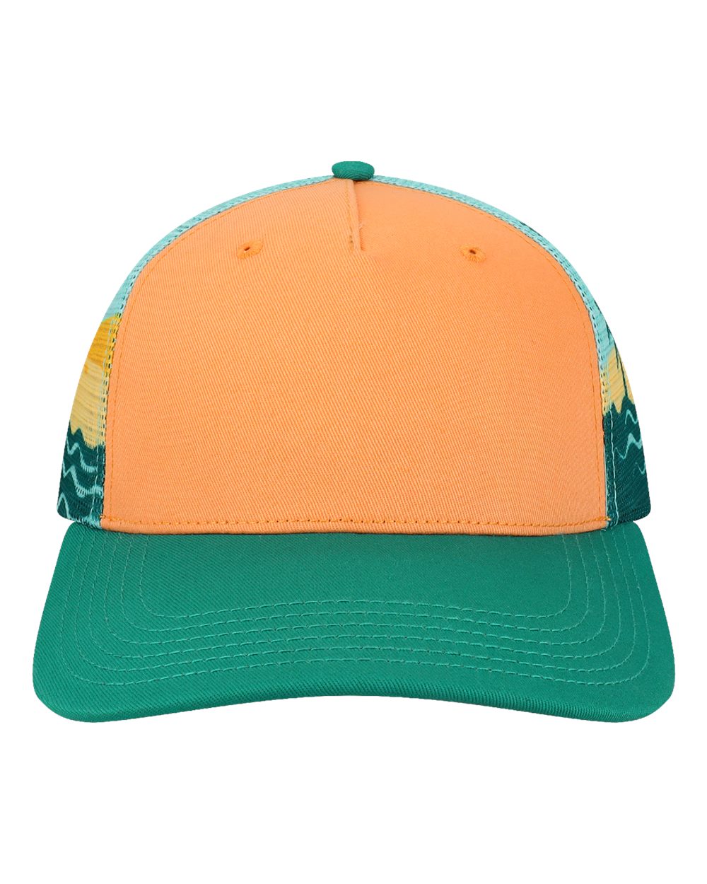 LOCALE Plain Front Five-Panel Trucker Cap. 5PTKRS - Peach/ Palms Beach Dunes/ Teal