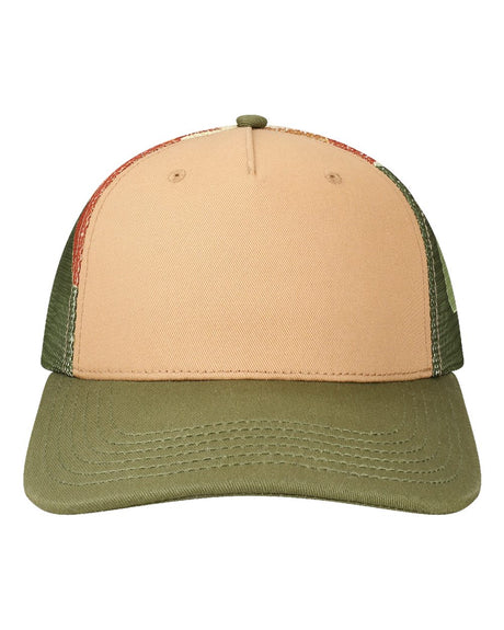 LOCALE Plain Front Five-Panel Trucker Cap. 5PTKRS - Tan/ Western Mountain/ Olive Green
