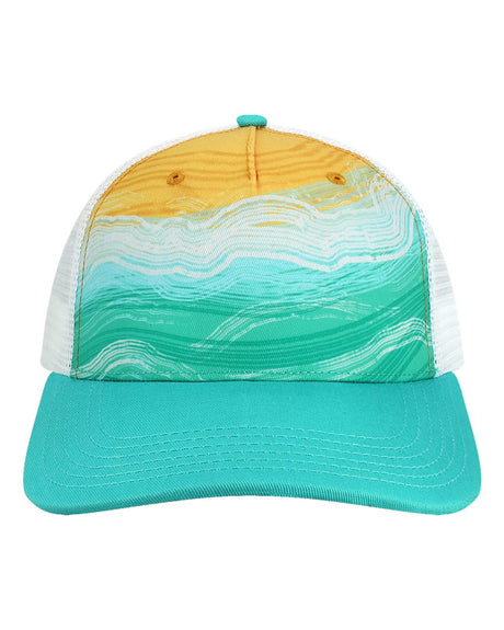 LOCALE Printed Five-Panel Trucker Cap. 5PTKR - High Tide/ Emerald Green
