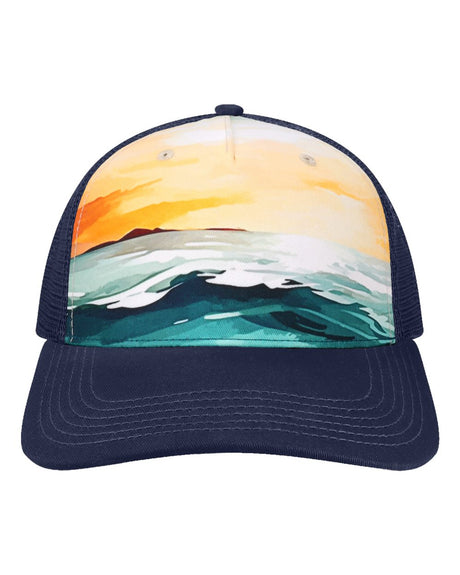 LOCALE Printed Five-Panel Trucker Cap. 5PTKR - Sunset Splash/ Navy
