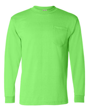 Bayside Unisex USA-Made 50/50 Long Sleeve Pocket T-Shirt. 1730 - Safety Green