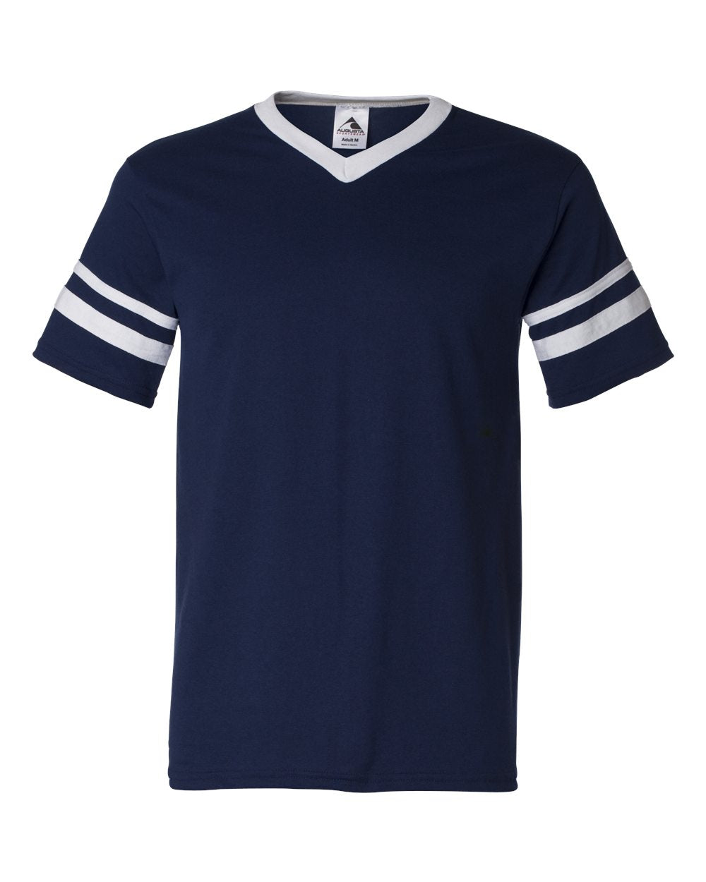 Augusta Sportswear V-Neck Jersey with Striped Sleeves. 360 - Navy/ White