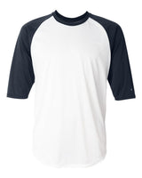Badger Men's B-Core Three-Quarter Sleeve Baseball T-Shirt. 4133 - White/ Navy