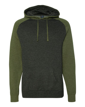 Independent Trading Co. Unisex Raglan Hooded Sweatshirt. IND40RP - Charcoal Heather/ Army Heather