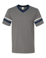Augusta Sportswear V-Neck Jersey with Striped Sleeves. 360 - Graphite/ Navy/ White