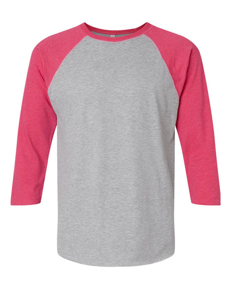 LAT Unisex Baseball Fine Jersey Three-Quarter Sleeve Tee. 6930 - Vintage Heather/ Vintage Hot Pink
