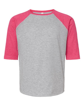 LAT Youth Baseball Fine Jersey Three-Quarter Sleeve Tee. 6130 - Vintage Heather/ Vintage Hot Pink