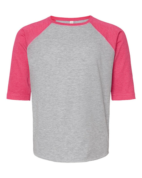 LAT Youth Baseball Fine Jersey Three-Quarter Sleeve Tee. 6130 - Vintage Heather/ Vintage Hot Pink