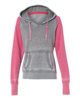 J. America Women's Zen Fleece Raglan Hooded Sweatshirt. 8926 - Cement/ Wildberry
