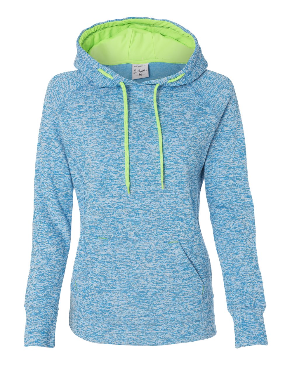 J. America Women’s Cosmic Fleece Hooded Sweatshirt. 8616 - Electric Blue/ Neon Green