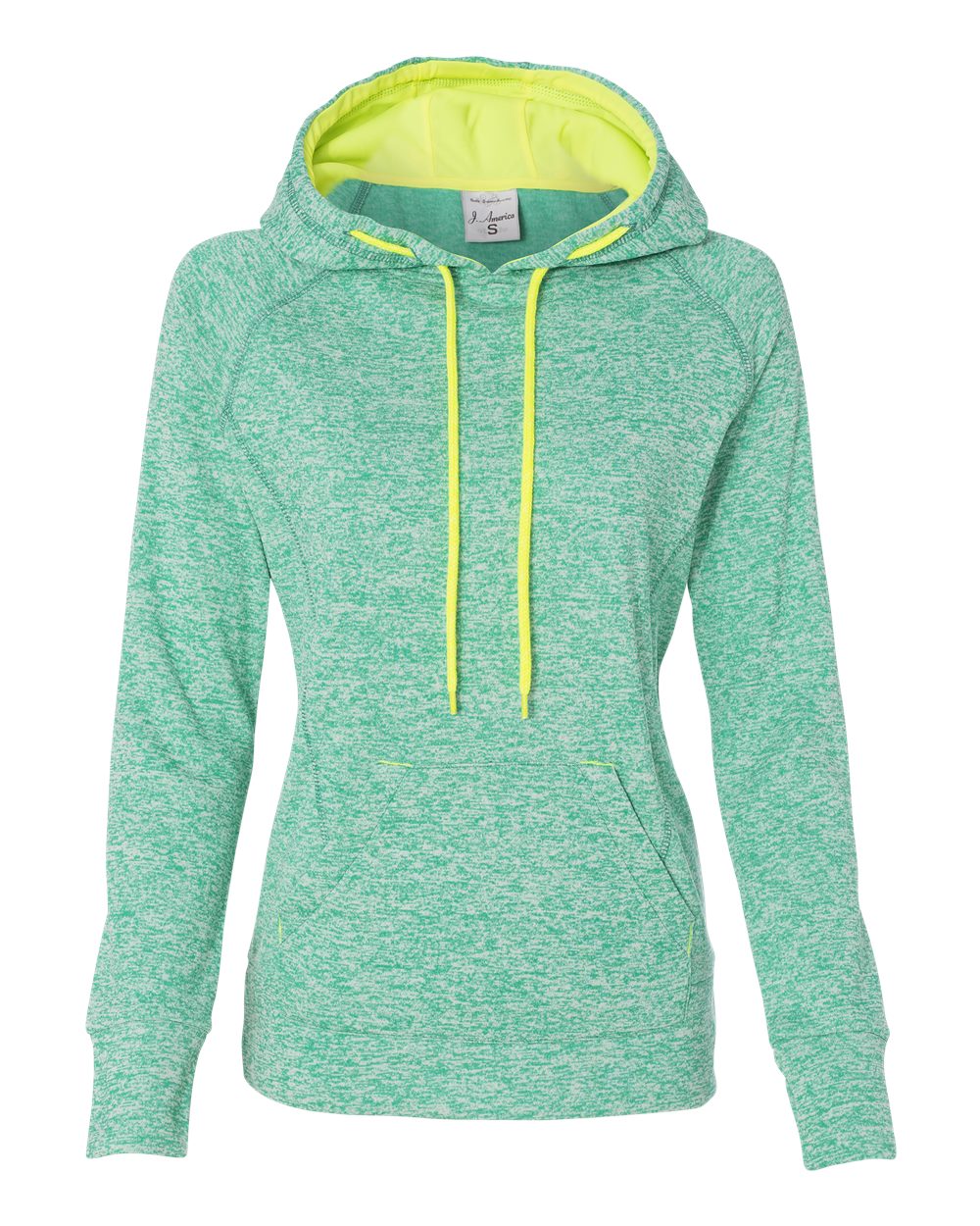 J. America Women’s Cosmic Fleece Hooded Sweatshirt. 8616 - Emerald/ Neon Yellow