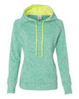 J. America Women’s Cosmic Fleece Hooded Sweatshirt. 8616 - Emerald/ Neon Yellow