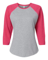 LAT Women's Baseball Fine Jersey Three-Quarter Sleeve Tee. 3530 - Vintage Heather/ Vintage Hot Pink