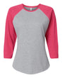 LAT Women's Baseball Fine Jersey Three-Quarter Sleeve Tee. 3530 - Vintage Heather/ Vintage Hot Pink