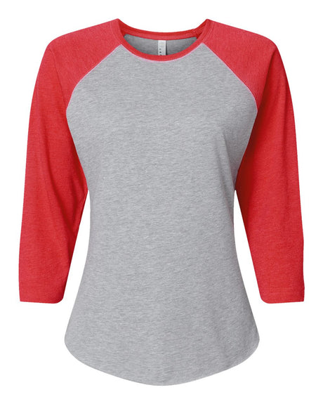 LAT Women's Baseball Fine Jersey Three-Quarter Sleeve Tee. 3530 - Vintage Heather/ Vintage Red