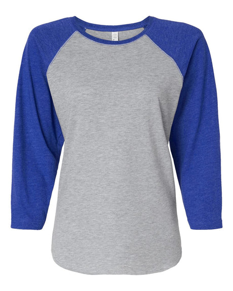 LAT Women's Baseball Fine Jersey Three-Quarter Sleeve Tee. 3530 - Vintage Heather/ Vintage Royal