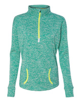 J. America Women's Cosmic Fleece Quarter-Zip Pullover. 8617 - Emerald/ Neon Yellow