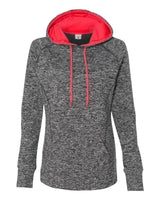 J. America Women’s Cosmic Fleece Hooded Sweatshirt. 8616 - Charcoal Fleck/ Fire Coral
