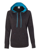 J. America Women’s Cosmic Fleece Hooded Sweatshirt. 8616 - Onyx Fleck/ Electric Blue