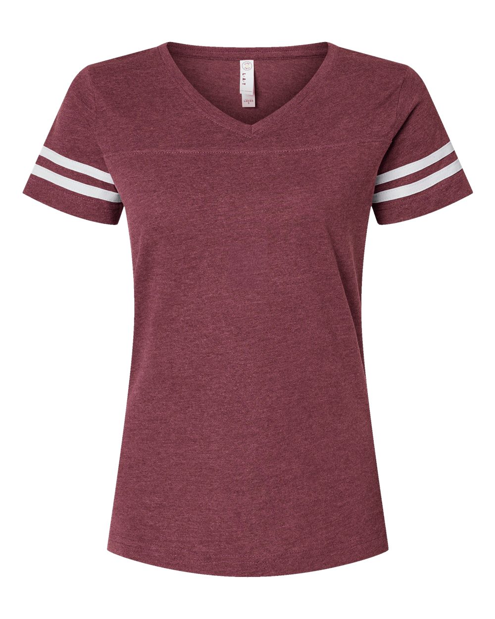 LAT Women's Football V-Neck Fine Jersey Tee. 3537 - Vintage Burgundy/ White
