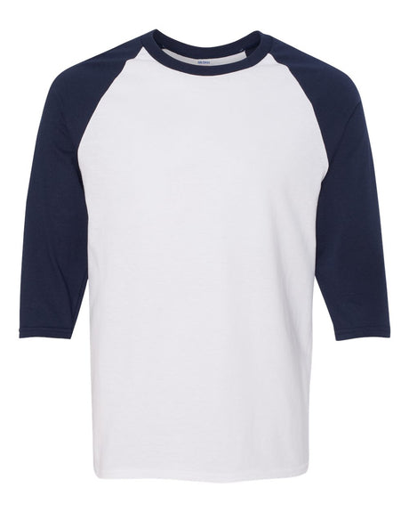 Gildan Unisex Heavy Cotton™ Raglan Three-Quarter Sleeve T-Shirt. 5700 - White/ Navy