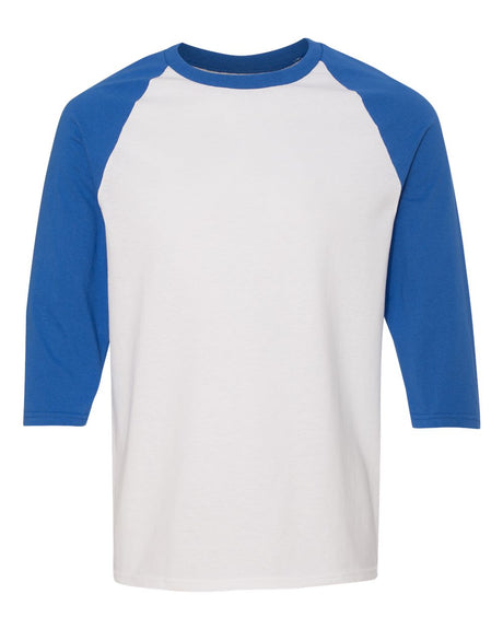 Gildan Unisex Heavy Cotton™ Raglan Three-Quarter Sleeve T-Shirt. 5700 - White/ Royal