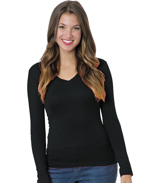 Bayside Junior's USA-Made Deep V-Neck Long Sleeve T-Shirt. 3415