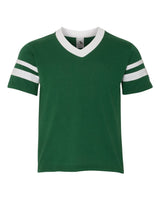 Augusta Sportswear Youth V-Neck Jersey with Striped Sleeves. 361 - Dark Green/ White