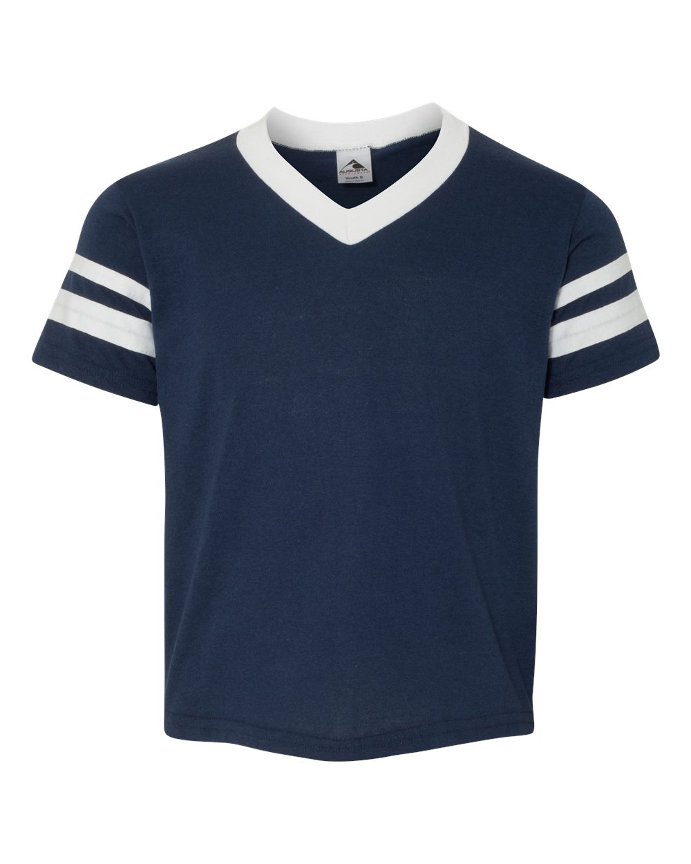 Augusta Sportswear Youth V-Neck Jersey with Striped Sleeves. 361 - Navy/ White