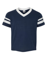 Augusta Sportswear Youth V-Neck Jersey with Striped Sleeves. 361 - Navy/ White