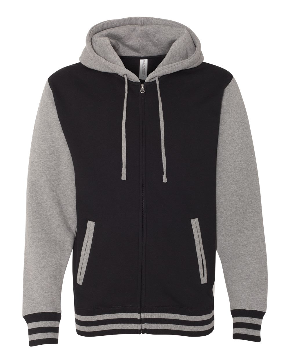 Independent Trading Co. Unisex Heavyweight Varsity Full-Zip Hooded Sweatshirt. IND45UVZ - Black/ Gunmetal Heather